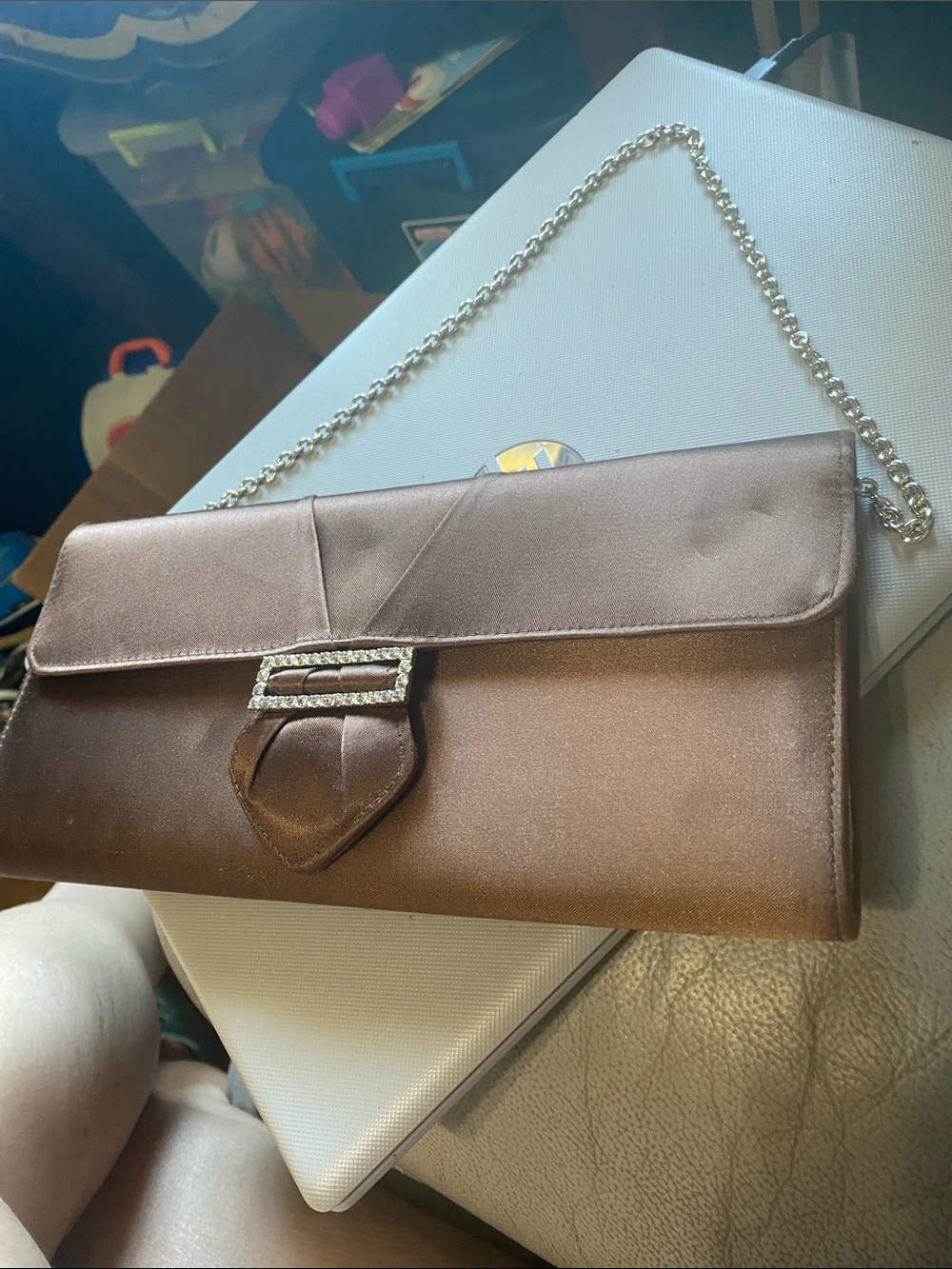 Debut Satin Evening Clutch Bag with Chain Strap - Chocolate Brown - Picture 1 of 4